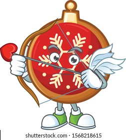 Cute red christmas ball on a cupid cartoon character with arrow and wings.
