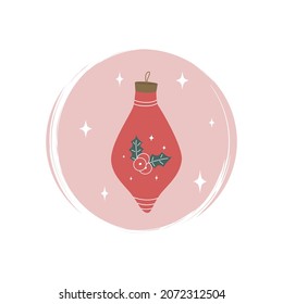 Cute red christmas bauble with holly and stars icon vector, illustration on circle with brush texture, for social media story and highlights