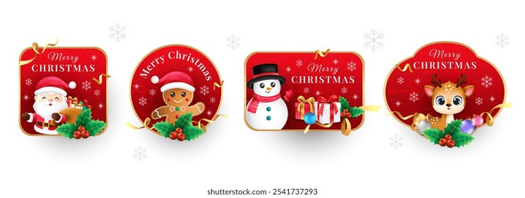 Cute red christmas label set. Label template contains santa claus, reindeer, ginger bread, snowman character. Vector template for holiday promotion.