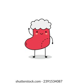 Cute red Christmas sock cartoon character waving hand