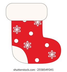 Cute red Christmas stocking with snowflakes pattern. Graphic design on white background. Vector illustration.