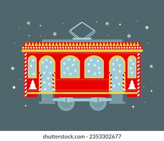 Cute red Christmas tram with snowflakes and Christmas trees. Greeting card, illustration, vector	
