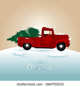 Cute red Christmas tree truck  in snowfield with merry Christmas text