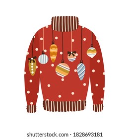 Cute red comfortable sweater decorated with Christmas tree baubles and toys vector flat illustration. Knitted warm apparel with design elements isolated on white. Cozy winter season festive jumper