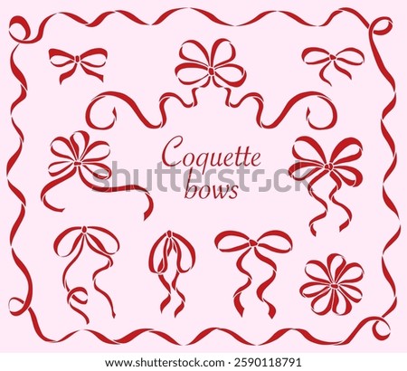 Cute Red Coquette Bow knots isolated on pink. Hand-Drawn Girly bows letter writing stationery. Trendy feminine romantic icons for Wedding celebration, holiday, party decoration, gift, present concept.