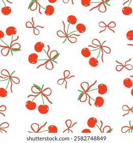 Cute red coquette cherry bow seamless pattern Trendy girly background.