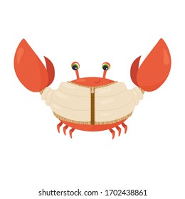 Cute red crab in a beige jacket. on a white background. children's print. For design, postcards. cartoon style vector illustration