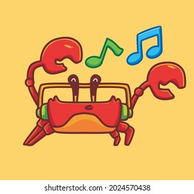 Cute red crab with big claws listening a music with a headphone. Animal Isolated Cartoon Flat Style Icon illustration Premium Vector Logo Sticker Mascot
