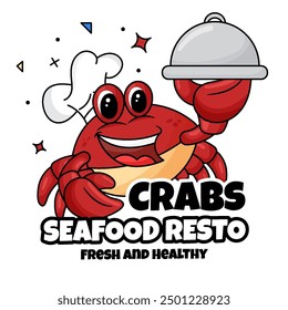 Cute Red Crab Cartoon Mascot Carrying Food in a Frying Pan. Happy Red Crab Doodle, Seafood Logo, Restaurant Logo, Modern Logo