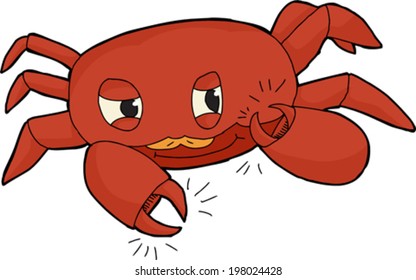 Cute red crab clicking claws on white background