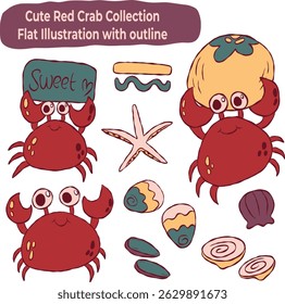 Cute Red Crab Collection Flat Illustration with Outline