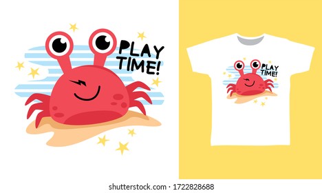 Cute red crab design vector illustration ready for print on kids t-shirt.