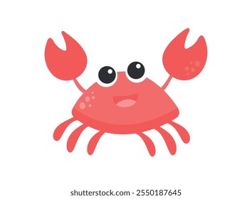 Lindo cangrejo rojo con ojos y garras divertidas. Criatura de mar con pinzas aisladas sobre fondo blanco. Ilustración vectorial de dibujos animados planos de color infantil de langosta sonriente divertida. Animales marinos de dibujos animados.