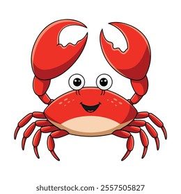 Cute Red Crab Illustration. Children's flat vector design, isolated on a white background. Ideal for kids' themes, educational materials, and playful projects.