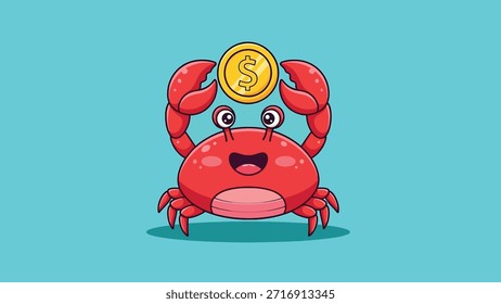 Ilustração de caranguejo vermelho bonito com garras grandes, segurando alegremente uma moeda de ouro brilhante com um símbolo de dólar.