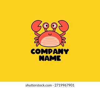 Süße rote Krabbe Maskottchen mit einfachen Formen und lächelndem Gesicht, gepaart mit Firmennamen Text auf hellgelbem Hintergrund. Das lustige Vektorlogo-Design ist ideal für Branding, Meeresfrüchte, Kinder oder kreative Unternehmen.