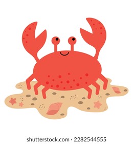 Cute red crab on the beach. Sea creature with claws on a white background. Childish colored flat cartoon vector illustration of funny smiling lobster