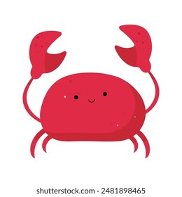 Cute red crab. Sea creature with claws isolated on white background. Flat color illustration.