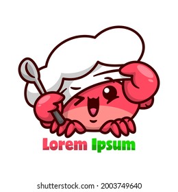 CUTE RED CRAB WEARING CHEF HAT AND HOLDING SOUP SPOON. HIGH QUALITY CARTOON MASCOT.
