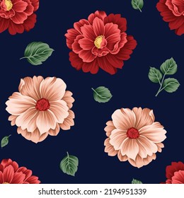 Cute Red And Cream Vector Stock Flowers With Green Leaves Pattern On Navy Background