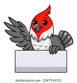 Cute red crested cardinal bird cartoon waving hand