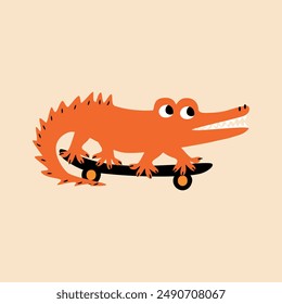 Cute red crocodile and skateboard hand drawn vector illustration. Isolated funny alligator animal in flat style for kids logo or poster.