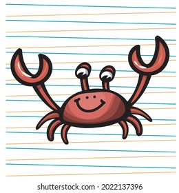 Cute Red Crustacean Crab, vector illustration in cartoon style on stripes background 