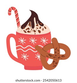 Cute red cup with cocoa and pretzel. Vector illustration of winter drink with Christmas pastry decorated with chocolate pieces. Cocoa with chocolate and candy cane.