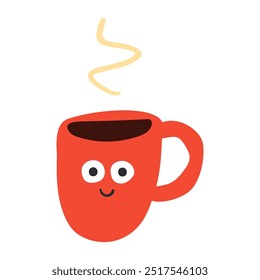 Cute red cup of coffee. Funny character. Hand drawn illustration on white background. Multicolored design.