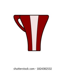 Cute red cup of coffee, tea. Mug with espresso, latte, americano, cappuccino isolated on white background. Hot drink in glass with handle, stripe. Vector image for coffee shop, menu, cafe, kitchen