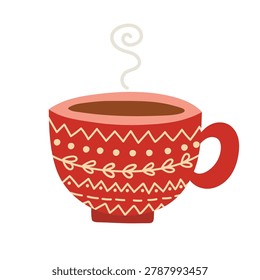 Cute red cup with hot drink and folk ornament pattern. Cozy winter tea or coffee mug element in flat doodle style. Vector illustration