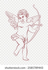 Cute red Cupid with a bow. Valentine's Day. 14 February. Cherub. Amour. Angel. Silhouette. Sticker. Symbol of the day of lovers. Vector flat illustration on transparent background