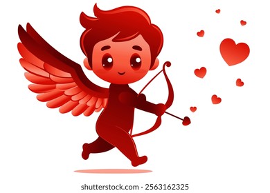 Cute red Cupid character with wings and a bow, shooting heart-shaped arrows. Ideal for Valentine's Day themes, love, and romance concepts.