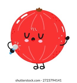 Personaje lindo de grosella roja cantando en un micrófono, intérprete de karaoke con expresión alegre, ilustración de mascota de fruta kawaii sobre fondo blanco, concepto musical juguetón
