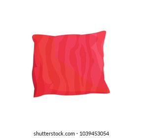 Cute red cushion colorful vector illustration isolated on white background, square pillow with curved lines pattern, bright interior item, comfort pad