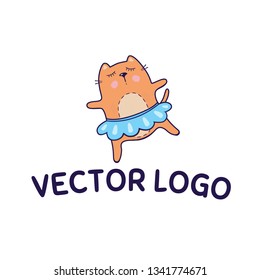 Cute red dancing cat ballerina in the blue tutu. Cartoon hand drawn vector logotype. Isolated on white background. Colorful emblem for dance school, kids ballet studio. It can be used for wear print,
