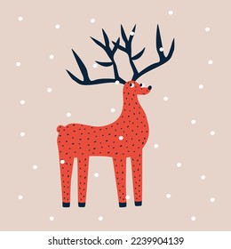 Cute red deer and snowflakes hand drawn vector illustration. Isolated adorable Christmas animal in flat style for kids poster, icon or logo.