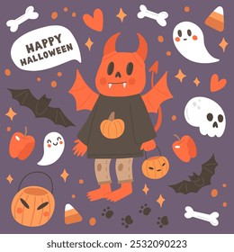 Demônio vermelho bonito com elementos de Halloween - fantasmas, crânio, ossos, morcegos. Bonito cartão de saudação de outono. Ilustração do vetor de Halloween do monstro assustador. Feliz Dia das Bruxas