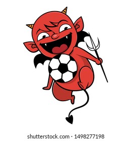 Cute Red Devil Baby playing a Ball, Soccer or Football Club Mascot Cartoon Vector