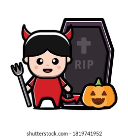 cute red devil cartoon character. Halloween concept vector illustration