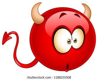 Cute red devil emoticon with a wondered confused surprised expression on his face