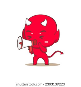 Cute red devil holding megaphone Cartoon Character. Halloween and monster Concept design. Isolated Flat Cartoon Style. Vector art illustration