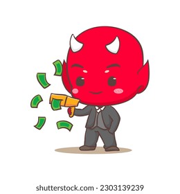 Cute red devil holding money gun in formal suit Cartoon Character. Halloween and monster Concept design. Isolated Flat Cartoon Style. Vector art illustration