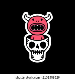 Cute red devil and skull head, illustration for t-shirt, sticker, or apparel merchandise. With doodle, retro, and cartoon style.