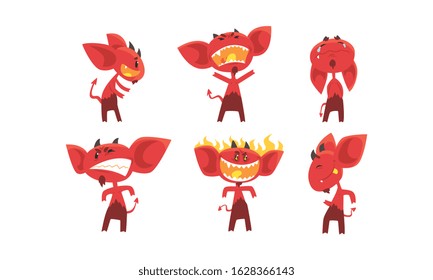 Cute Red Devil with Various Emotions and Actions Collection, Funny Demon Cartoon Character with Horns and Tail Vector Illustration