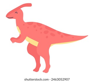 Cute red dinosaur in flat design. Funny prehistoric parasaurolophus dino. Vector illustration isolated.