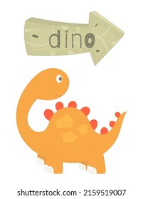 Cute red dinosaur on white background - poster for nursery design. Vector Illustration. Kids illustration for baby clothes, greeting card, wrapping paper. Lettering Dino.