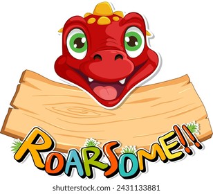 Cute red dinosaur peeking over a wooden sign