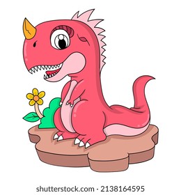 Cute Red Dinosaur Smiling Friendly, Vector Illustration Art. Doodle Icon Image Kawaii.