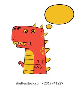 Cute Red Dinosaur with speech bubble cartoon isolated on white. Vector illustration.